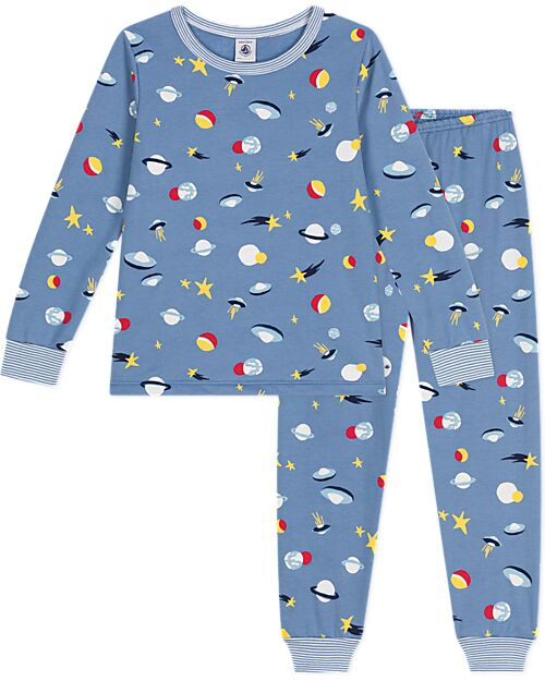 Petit Bateau Pajama Set - Shirt/Pants - Space - Light Blue - 100% Brushed Cotton Pyjamas