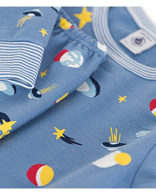 Petit Bateau Pajama Set - Shirt/Pants - Space - Light Blue - 100% Brushed Cotton Pyjamas