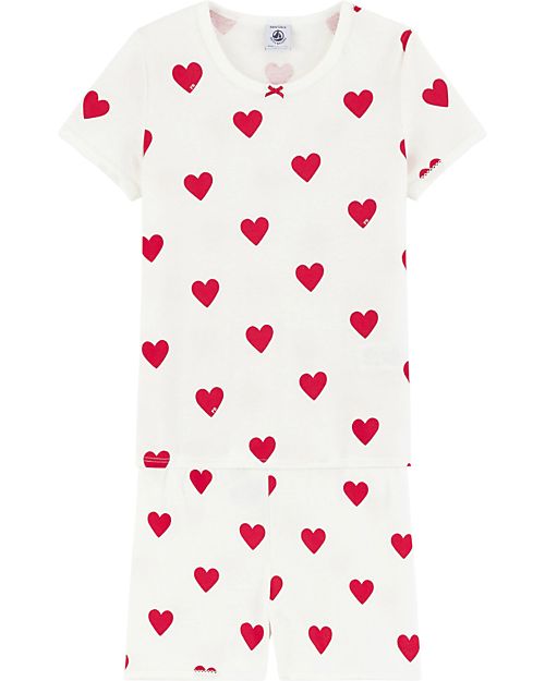 Petit Bateau Pajama Set - Shirt/Short Pants - White - Hearts - Organic Cotton Pyjamas