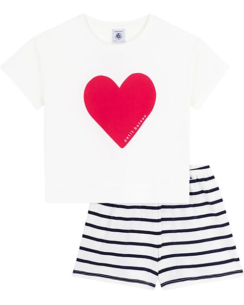 Petit Bateau Pajama Set - Top/Pants - Hearts - White Red and Blue - 100% Cotton Pyjamas