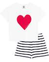 Petit Bateau Pajama Set - Top/Pants - Hearts - White Red and Blue - 100% Cotton Pyjamas
