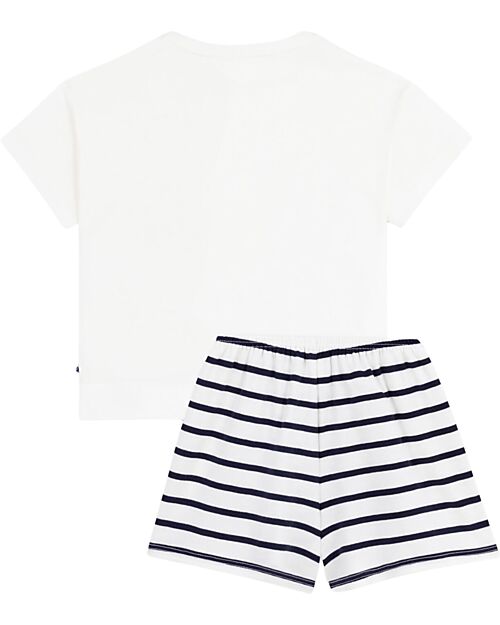 Petit Bateau Pajama Set - Top/Pants - Hearts - White Red and Blue - 100% Cotton Pyjamas