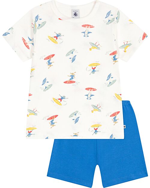 Petit Bateau Pajama Set - Top/Pants - Surfers - White and Blue - 100% Cotton Pyjamas