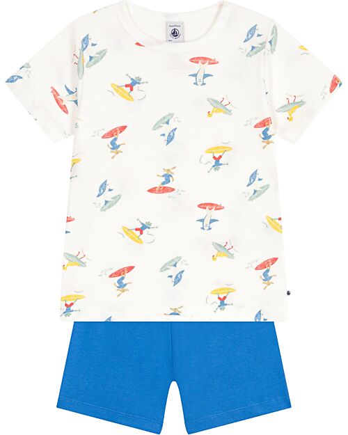 Petit Bateau Pajama Set - Top/Pants - Surfers - White and Blue - 100% Cotton Pyjamas