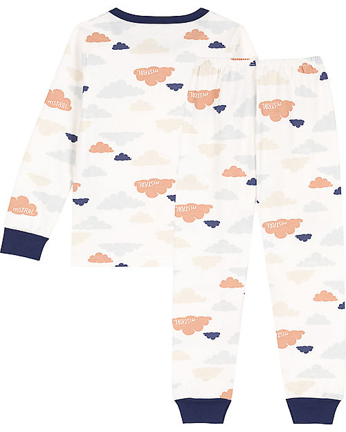 Petit Bateau Pajama Set - Top/Pants - White with Clouds Pattern - 100% Cotton Pyjamas