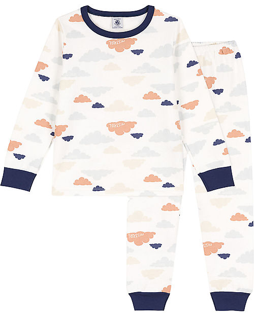 Petit Bateau Pajama Set - Top/Pants - White with Clouds Pattern - 100% Cotton Pyjamas