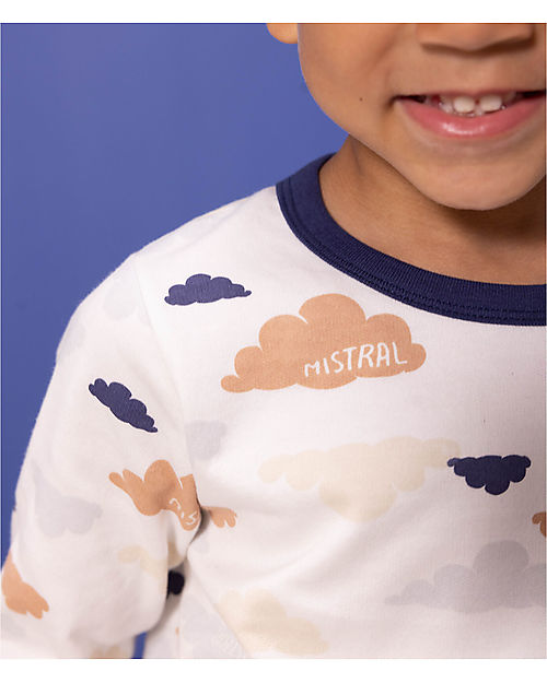 Petit Bateau Pajama Set - Top/Pants - White with Clouds Pattern - 100% Cotton Pyjamas