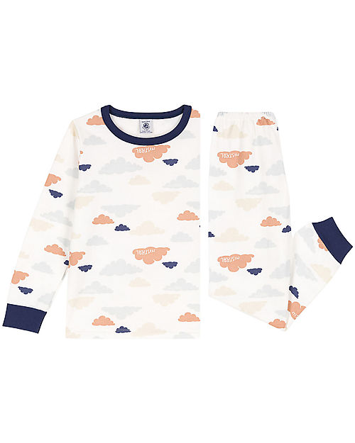 Petit Bateau Pajama Set - Top/Pants - White with Clouds Pattern - 100% Cotton Pyjamas