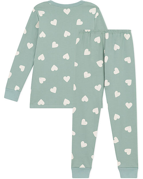 Petit Bateau Pajama Set - Top/Trousers - Hearts - Green - 100% Organic Cotton Fleece Pyjamas