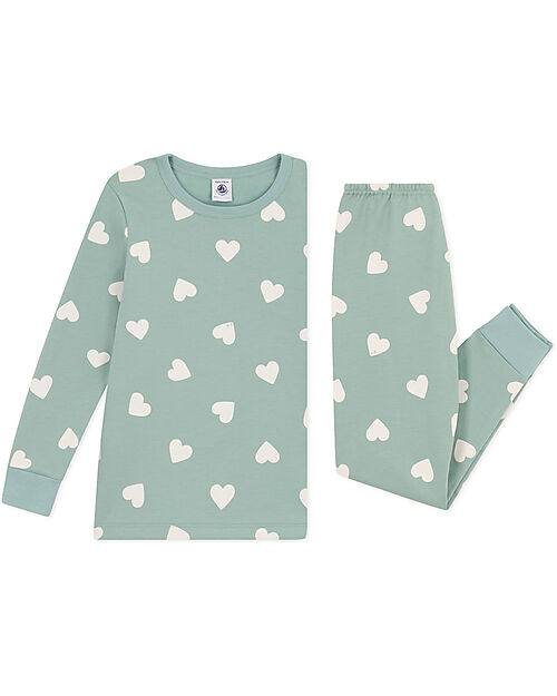 Petit Bateau Pajama Set - Top/Trousers - Hearts - Green - 100% Organic Cotton Fleece Pyjamas
