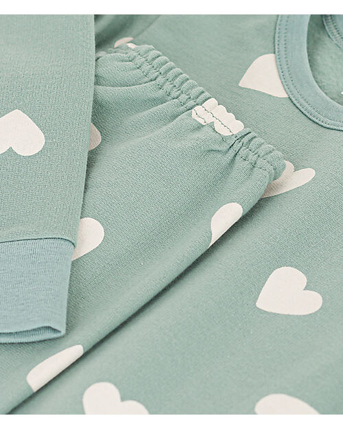 Petit Bateau Pajama Set - Top/Trousers - Hearts - Green - 100% Organic Cotton Fleece Pyjamas