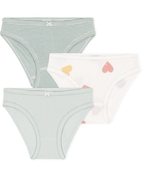 Petit Bateau Panties - 3-Pack - Green/White with Hearts/Green Stripes - 100% Cotton Oeko-Tex Briefs