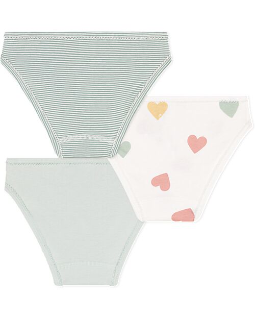Petit Bateau Panties - 3-Pack - Green/White with Hearts/Green Stripes - 100% Cotton Oeko-Tex Briefs