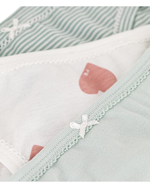 Petit Bateau Panties - 3-Pack - Green/White with Hearts/Green Stripes - 100% Cotton Oeko-Tex Briefs
