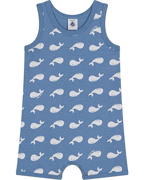 Petit Bateau Playsuit Sleeveless - Blue/Balene - 100% Organic Cotton Short Rompers