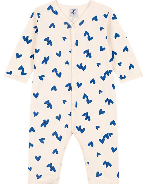 Petit Bateau Romper Pyjamas Blue Hearts Cream 100 Organic Cotton unisex bambini