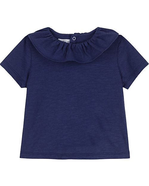 Petit Bateau Ruffle T-Shirt - Blue - with Snap Buttons - Organic Cotton T-shirts