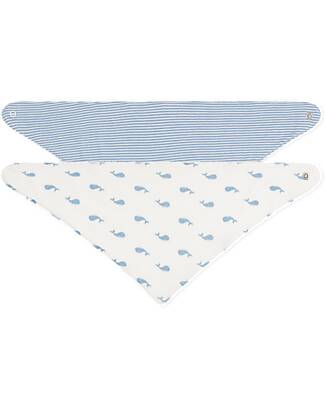 Petit Bateau Set of 2 Bandana Bibs - Stripes and Whales - White and Light Blue - Cotton Bandana Bibs