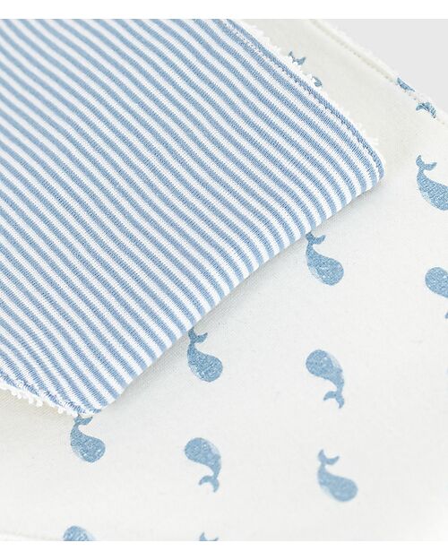 Petit Bateau Set of 2 Bandana Bibs - Stripes and Whales - White and Light Blue - Cotton Bandana Bibs