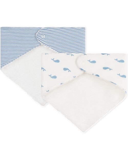 Petit Bateau Set of 2 Bandana Bibs - Stripes and Whales - White and Light Blue - Cotton Bandana Bibs