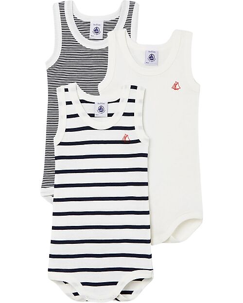 Petit Bateau Set of 3 Bodysuits with Straps - Blue and White -  Stripes - Organic Cotton Short Sleeves Bodies