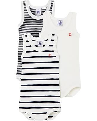 Petit Bateau Set of 3 Bodysuits with Straps - Blue and White - Stripes - Organic Cotton Short Sleeves Bodies