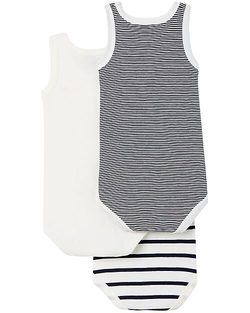 Petit Bateau Set of 3 Bodysuits with Straps - Blue and White -  Stripes - Organic Cotton Short Sleeves Bodies