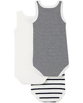 Petit Bateau Set of 3 Bodysuits with Straps - Blue and White - Stripes - Organic Cotton Short Sleeves Bodies
