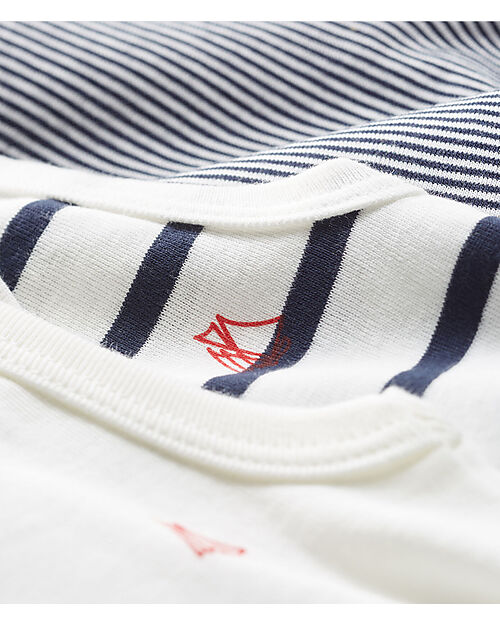 Petit Bateau Set of 3 Bodysuits with Straps - Blue and White -  Stripes - Organic Cotton Short Sleeves Bodies