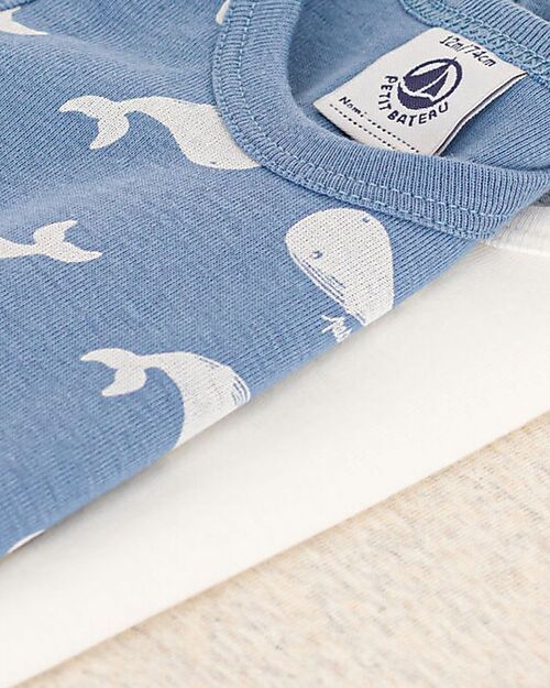Petit Bateau Set of 3 Bodysuits with Straps - Blue and White - Whales - Organic Cotton Short Sleeves Bodies