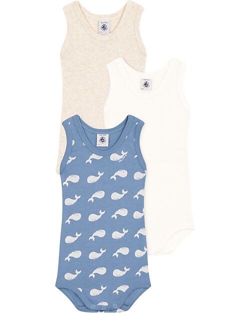 Petit Bateau Set of 3 Bodysuits with Straps - Blue and White - Whales - Organic Cotton Short Sleeves Bodies