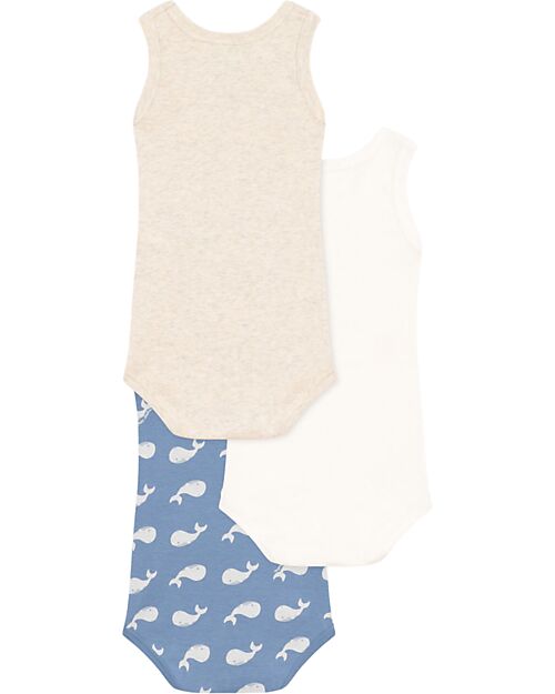 Petit Bateau Set of 3 Bodysuits with Straps - Blue and White - Whales - Organic Cotton Short Sleeves Bodies