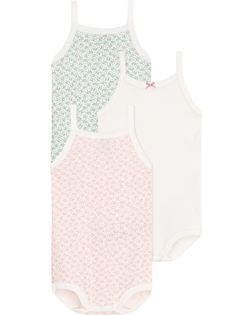 Petit Bateau Set of 3 Bodysuits with Straps - White - Pink - Green - Flowers - 100% Cotton Short Sleeves Bodies