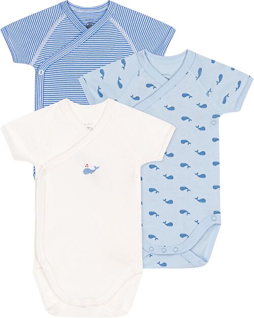 Petit Bateau Set of 3 Cross-over Short Sleeve Bodysuits - White - Light Blue Stripes - Whales - 100% Cotton Short Sleeves Bodies