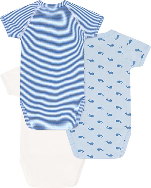 Petit Bateau Set of 3 Cross-over Short Sleeve Bodysuits - White - Light Blue Stripes - Whales - 100% Cotton Short Sleeves Bodies