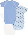 Petit Bateau Set of 3 Cross-over Short Sleeve Bodysuits - White - Light Blue Stripes - Whales - 100% Cotton Short Sleeves Bodies