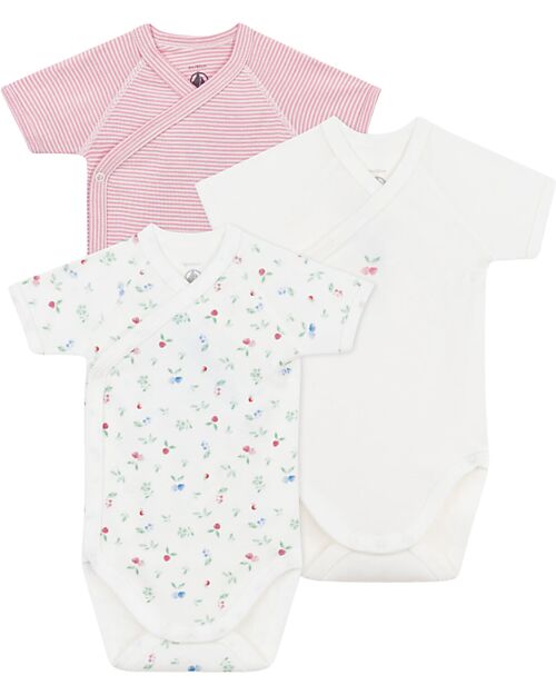 Petit Bateau Set of 3 Cross-over Short Sleeve Bodysuits - White - Pink Stripes - Fruits - 100% Cotton Short Sleeves Bodies