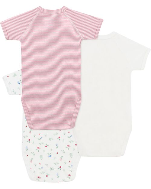 Petit Bateau Set of 3 Cross-over Short Sleeve Bodysuits - White - Pink Stripes - Fruits - 100% Cotton Short Sleeves Bodies