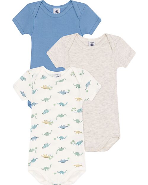 Petit Bateau Set of 3 Short Sleeve Bodysuits - Grey and Blue - Dinosaurs - 100% Cotton Short Sleeves Bodies