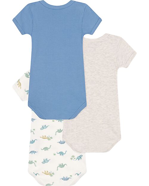Petit Bateau Set of 3 Short Sleeve Bodysuits - Grey and Blue - Dinosaurs - 100% Cotton Short Sleeves Bodies
