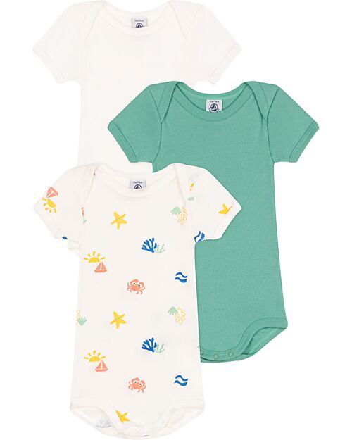 Petit Bateau Set of 3 Short Sleeve Bodysuits - White and Green - Sea - 100% Cotton Short Sleeves Bodies