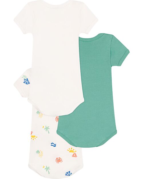 Petit Bateau Set of 3 Short Sleeve Bodysuits - White and Green - Sea - 100% Cotton Short Sleeves Bodies