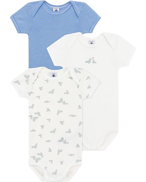 Petit Bateau Set of 3 Short Sleeve Bodysuits - White - Blue Stripes - Seals - 100% Cotton Short Sleeves Bodies