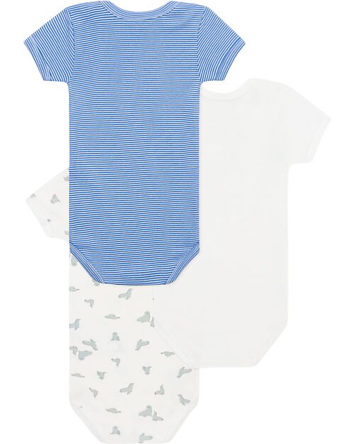 Petit Bateau Set of 3 Short Sleeve Bodysuits - White - Blue Stripes - Seals - 100% Cotton Short Sleeves Bodies