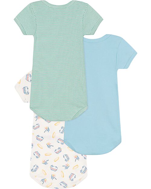 Petit Bateau Set of 3 Short Sleeve Bodysuits - White - Green Stripes - Vans - 100% Cotton Short Sleeves Bodies
