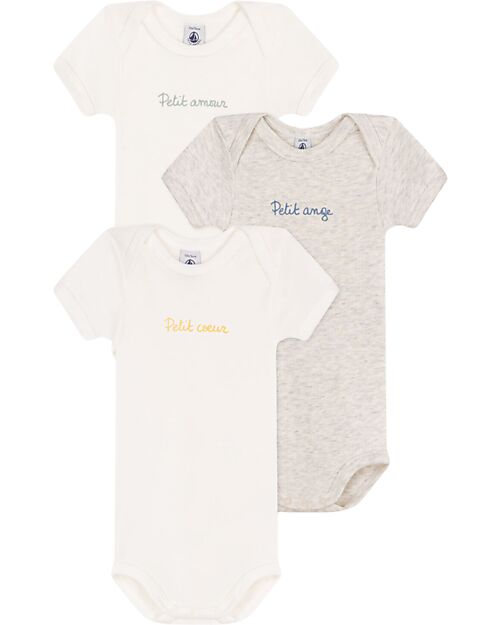 Petit Bateau Set of 3 Short Sleeve Bodysuits - White - Grey - with Text - 100% Cotton Short Sleeves Bodies