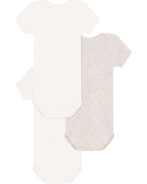 Petit Bateau Set of 3 Short Sleeve Bodysuits - White - Grey - with Text - 100% Cotton Short Sleeves Bodies