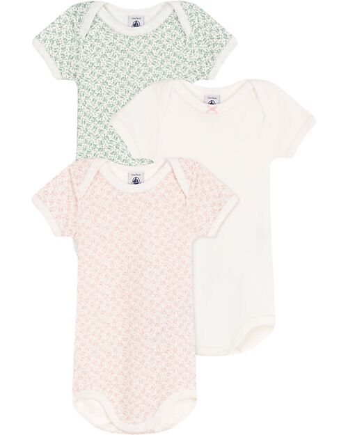 Petit Bateau Set of 3 Short Sleeve Bodysuits - White Pink and Green - Flowers - 100% Cotton Short Sleeves Bodies