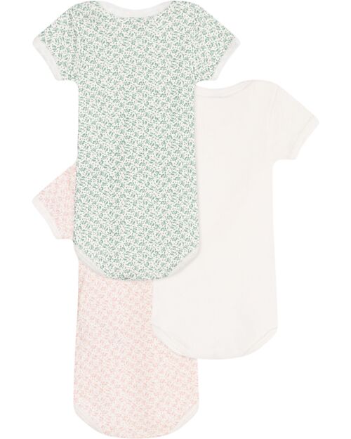 Petit Bateau Set of 3 Short Sleeve Bodysuits - White Pink and Green - Flowers - 100% Cotton Short Sleeves Bodies
