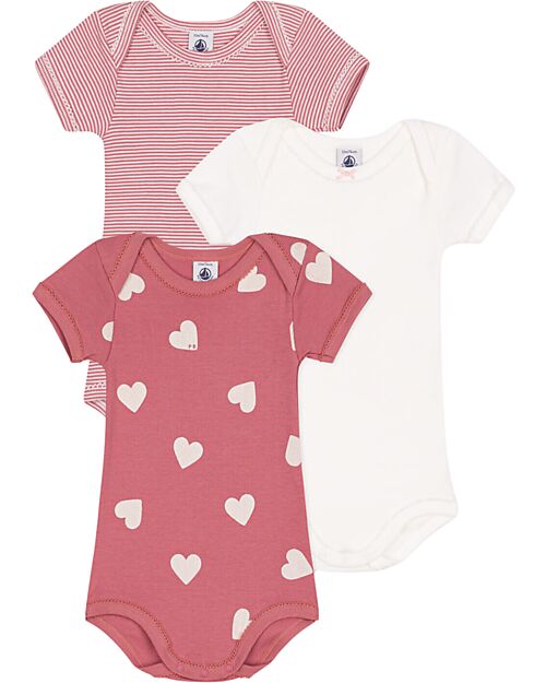 Petit Bateau Set of 3 Short Sleeve Bodysuits - White - Pink Stripes - Hearts - 100% Cotton Short Sleeves Bodies